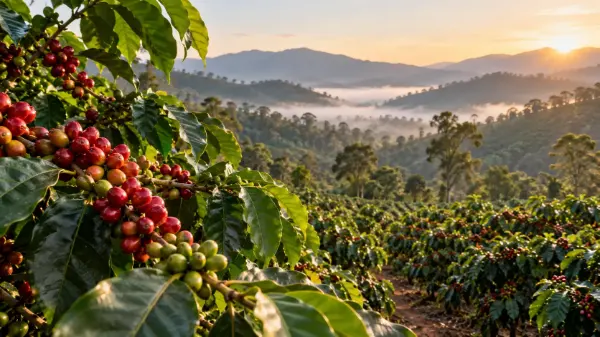plantation with ripe Arabica coffee cherries in India