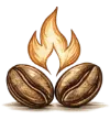 Freshly roasted coffee beans with roasting flame