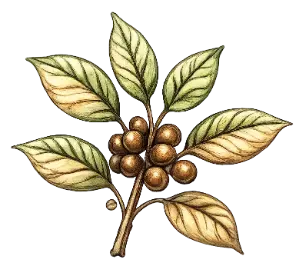 Arabica and Robusta coffee cherries and leaves
