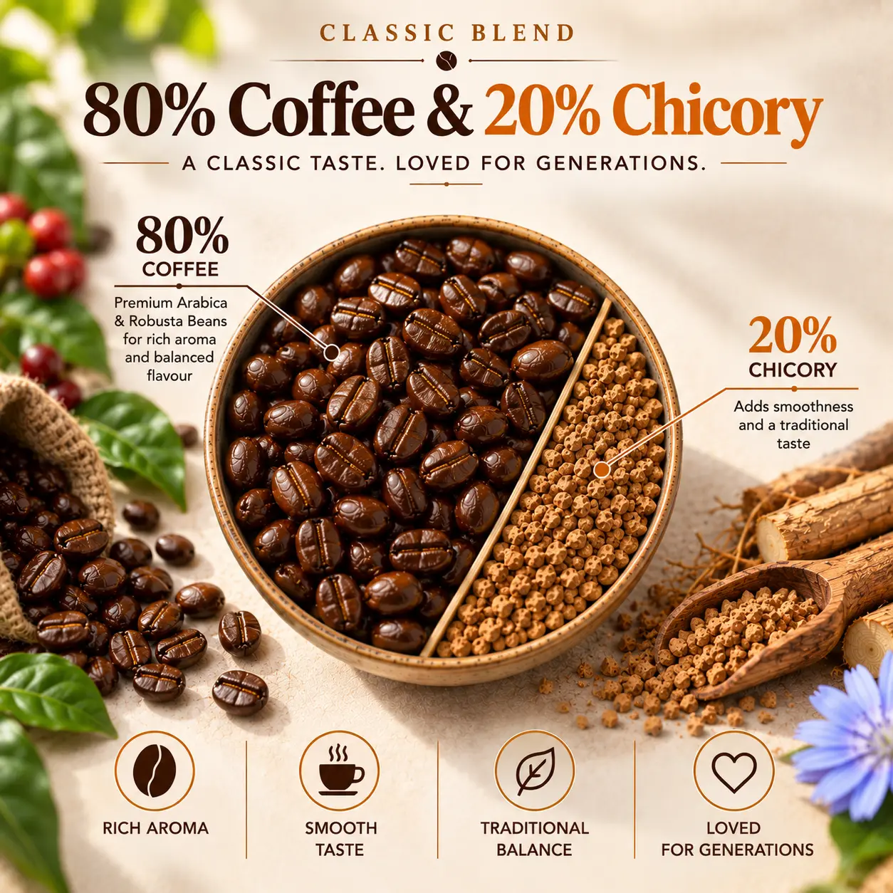 Namma Coffee Classic Blend with 80% coffee beans and 20% chicory, highlighting rich aroma, smooth taste and balanced flavour
