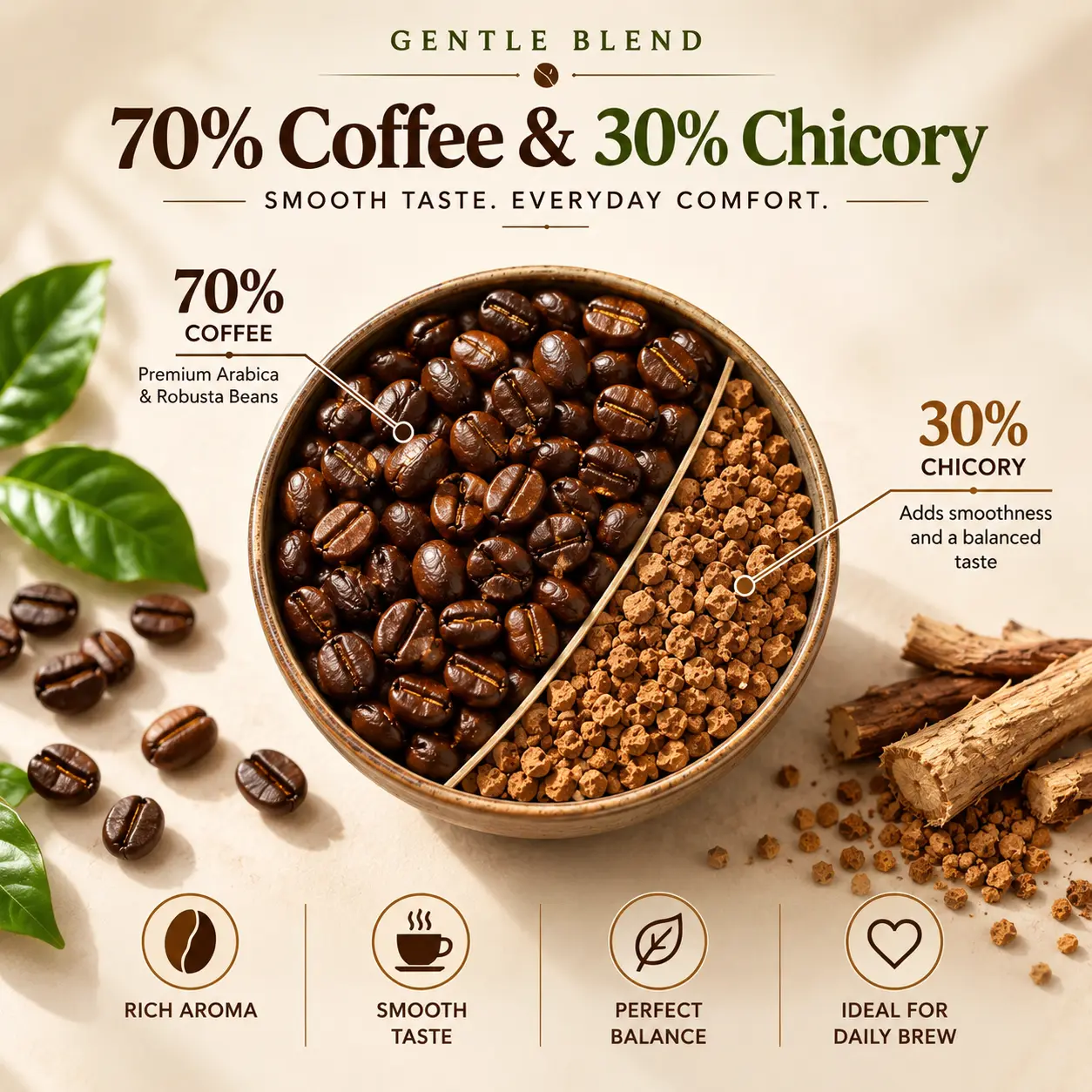 Namma Coffee Gentle Blend with 70% coffee beans and 30% chicory, highlighting rich aroma, smooth taste and balanced flavour
