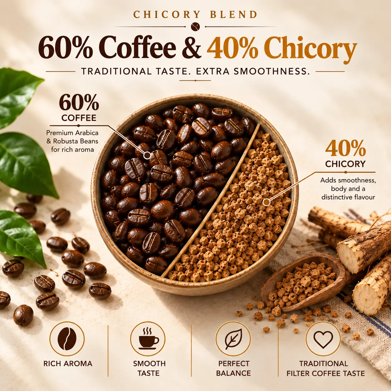 Namma Coffee Chicory Blend with 60% coffee beans and 40% chicory, highlighting rich aroma, smooth taste and balanced flavour