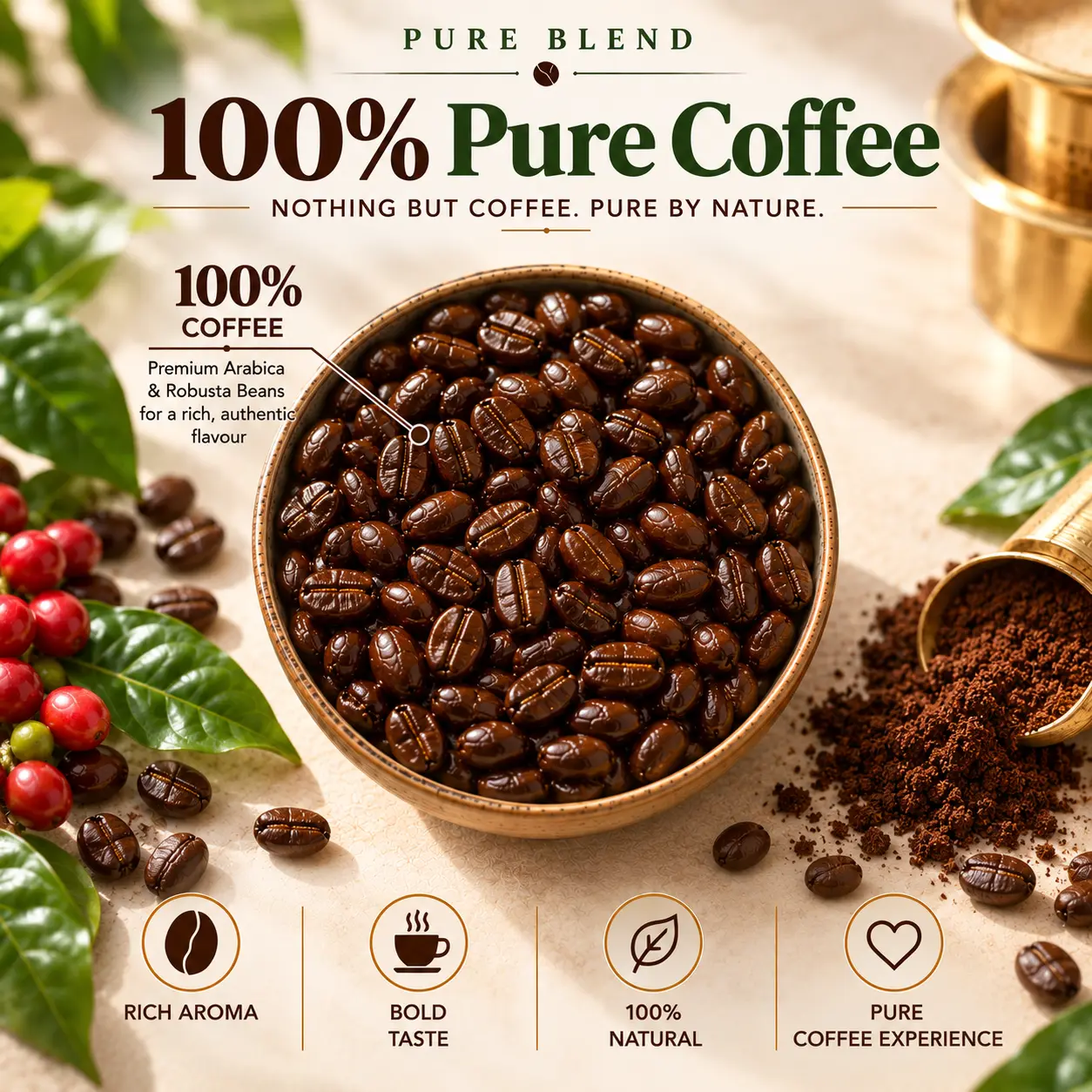 Namma Coffee Pure Blend with 100% coffee beans and 0% chicory, highlighting rich aroma, smooth taste and balanced flavour
