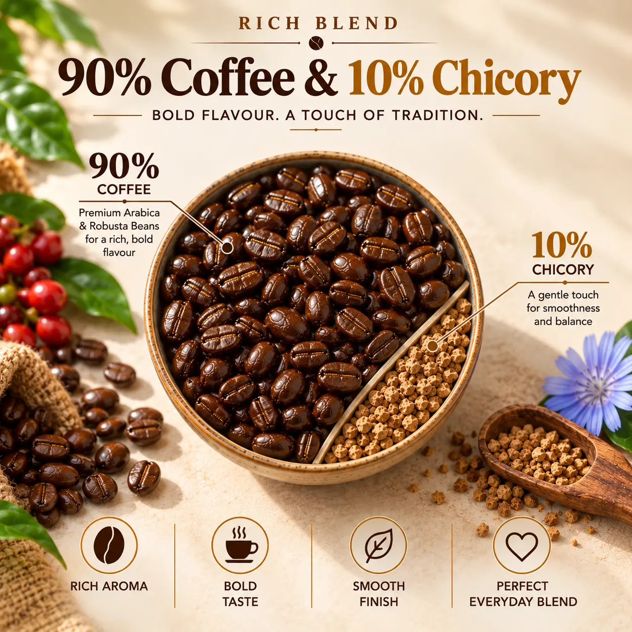 Namma Coffee Rich Blend with 90% coffee beans and 10% chicory, highlighting rich aroma, smooth taste and balanced flavour