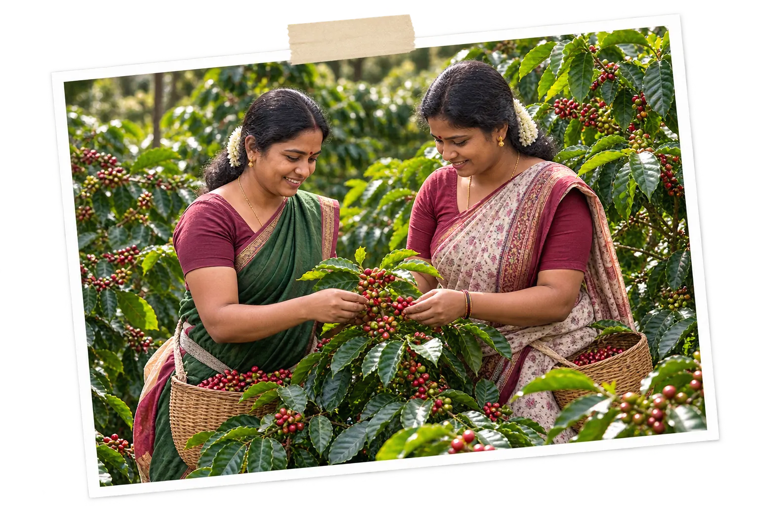 Coffee plantation photograph showing two women selecting coffee cherries